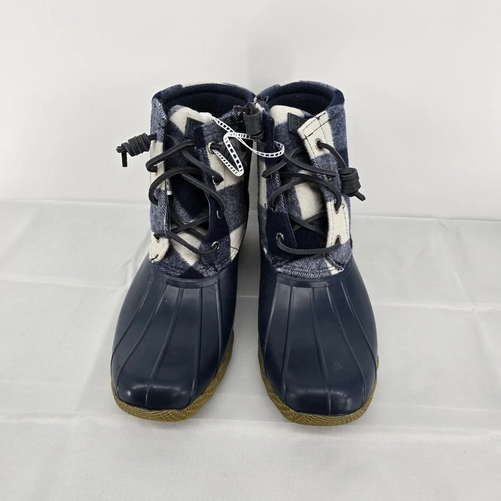 Sperry Women's Duck Boots Plaid‎ Upper Navy Rubber Waterproof Ankle Size 6.5